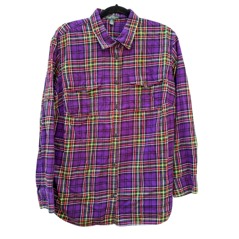Lauren Ralph Lauren Womens 2X Button Down Shirt Purple Plaid Cotton Long Sleeve